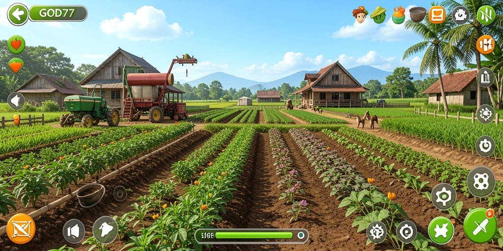 Screenshot menampilkan aksi bertani yang seru di GOD77.