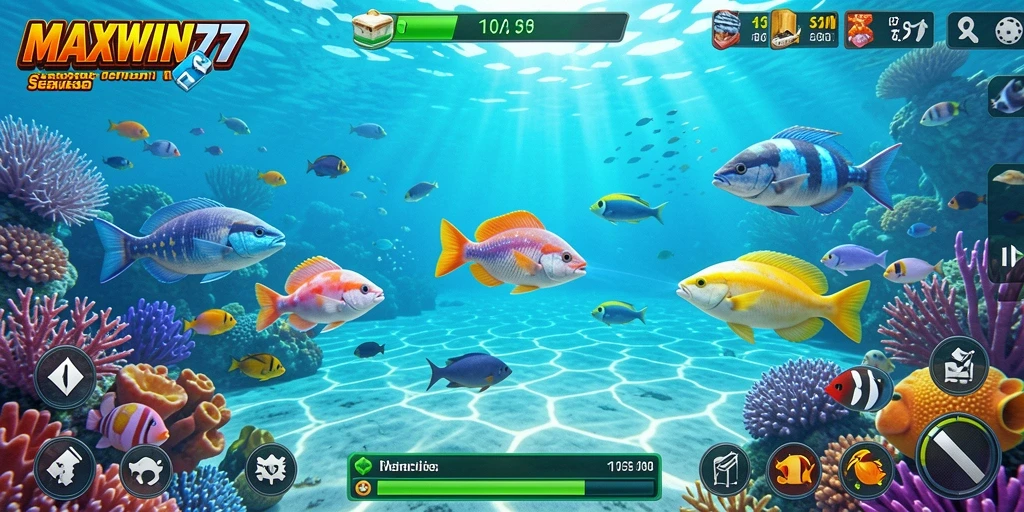 Tangkapan layar gameplay MAXWIN77 yang menampilkan aksi seru menembak ikan.