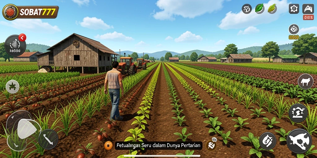Tampilan screenshot gameplay SOBAT777 dengan pertanian yang subur dan beragam tanaman.