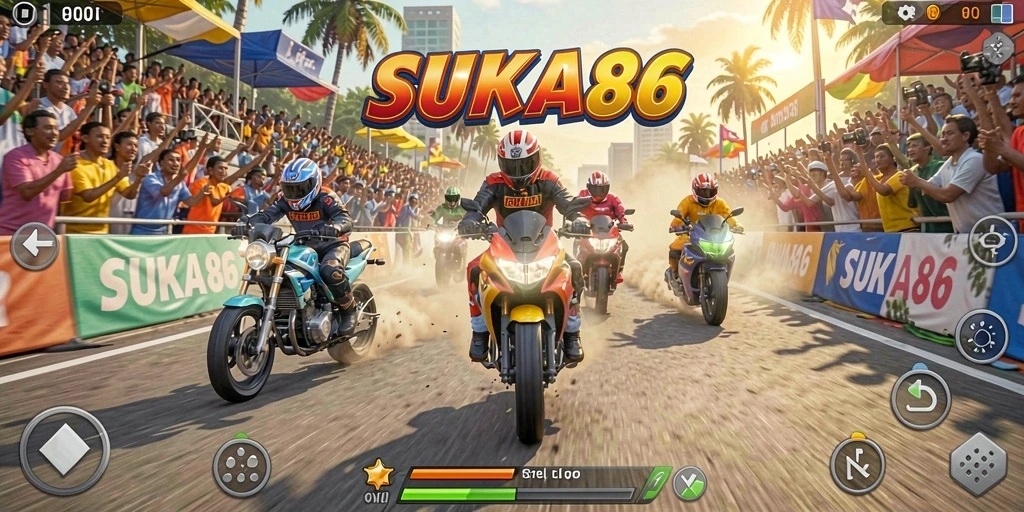 Tampilan gameplay seru balapan motor di SUKA86.