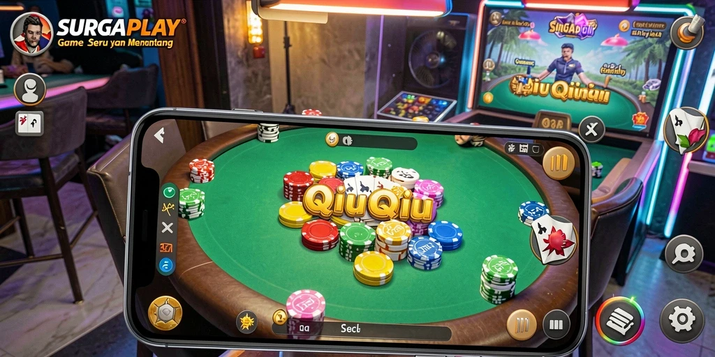 Screenshot gameplay SURGAPLAY menampilkan suasana seru permainan QiuQiu.