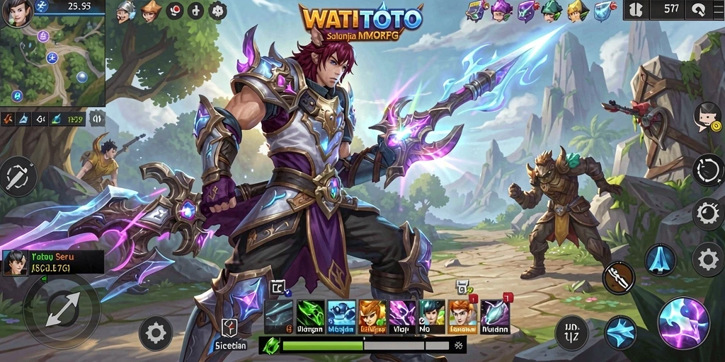 Screenshot gameplay WATITOTO menampilkan pertarungan epik dalam dunia fantasi.