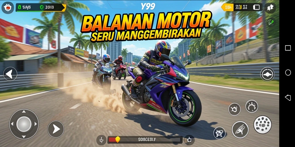 Gameplay Y89 dengan aksi balap motor yang mendebarkan.